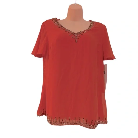 ASHRO Bead Trimmed Georgette Tangerine Orange Midi Skirt Set Wedding Guest Dress - Picture 8 of 16